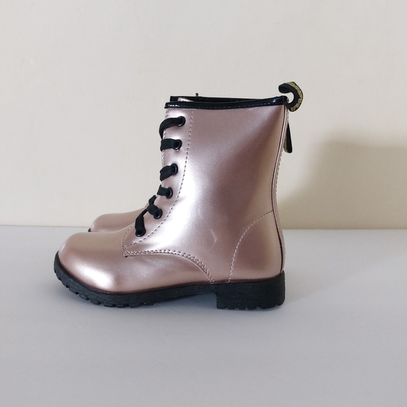Girls Rose Gold Faux Leather Mid-Calf Lace Up NWT Combat Boots Lug Sole 13 - Picture 3 of 11